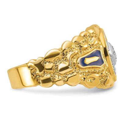 14k Two-tone Gold Men's Polished and Nugget Textured Diamond Blue Lodge Master Masonic Ring