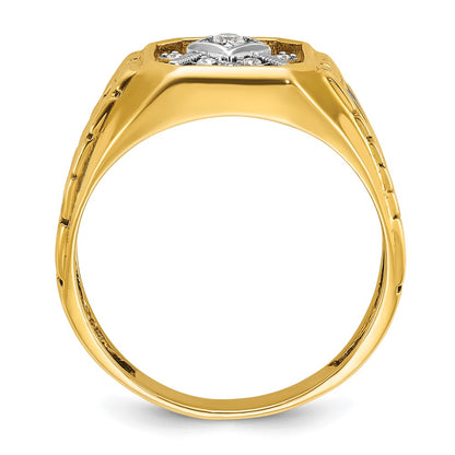 14k Two-tone Gold Men's Polished and Textured with Blue Enamel and Diamond Blue Lodge Master Masonic Ring