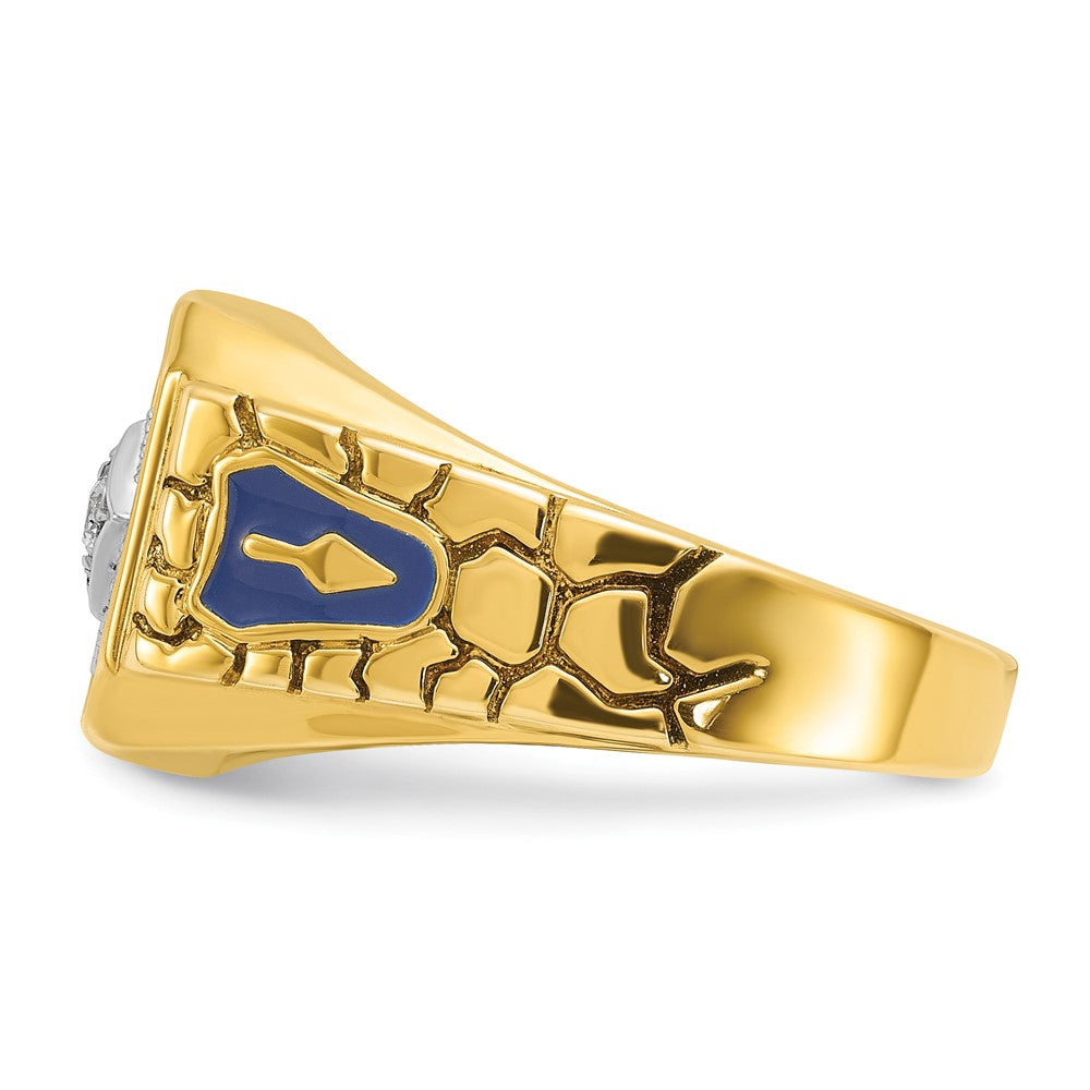 14k Two-tone Gold Men's Polished and Textured with Blue Enamel and Diamond Blue Lodge Master Masonic Ring