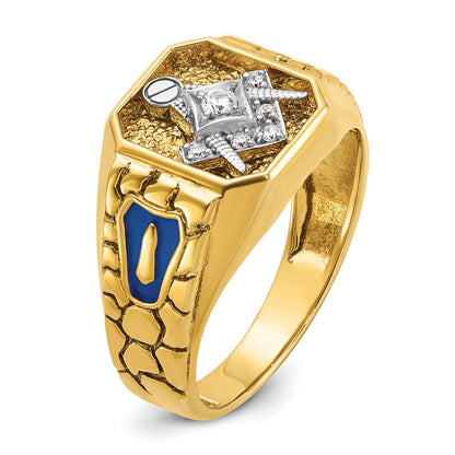 14k Two-tone Gold Men's Polished and Textured with Blue Enamel and Diamond Blue Lodge Master Masonic Ring