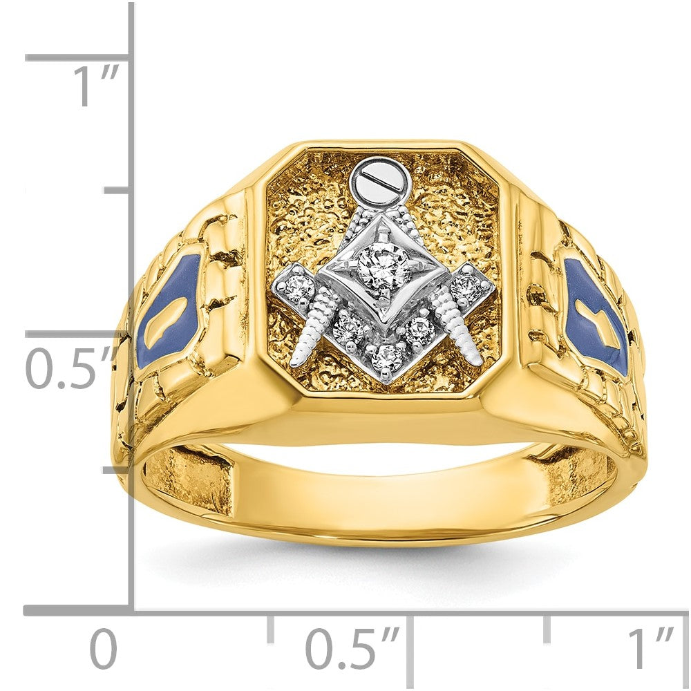 14k Two-tone Gold Men's Polished and Textured with Blue Enamel and Diamond Blue Lodge Master Masonic Ring