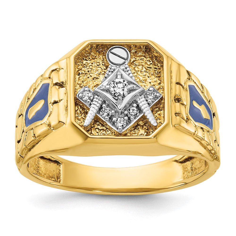 14k Two-tone Gold Men's Polished and Textured with Blue Enamel and Diamond Blue Lodge Master Masonic Ring
