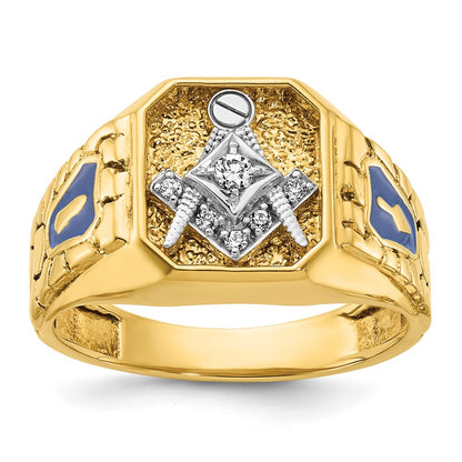 14k Two-tone Gold Men's Polished and Textured with Blue Enamel and Diamond Blue Lodge Master Masonic Ring