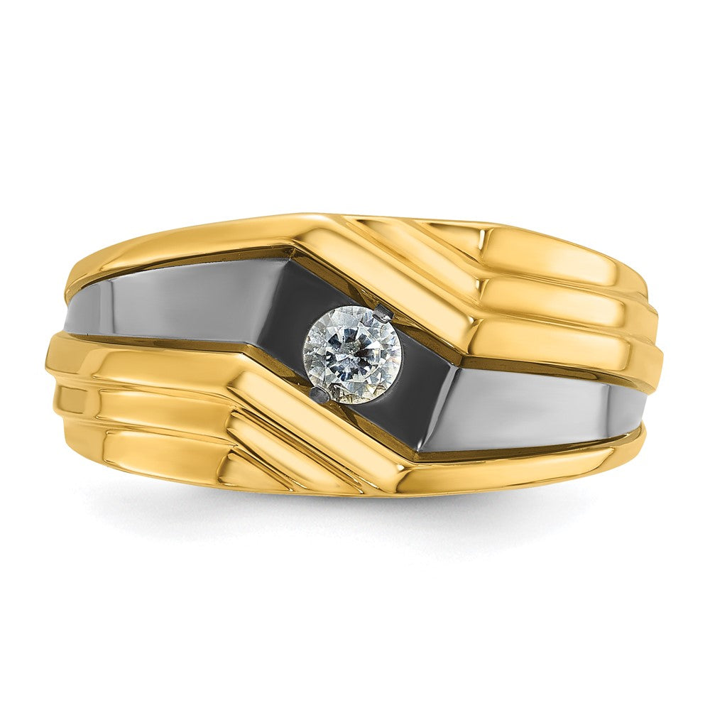 14k Yellow Gold with Black Rhodium 1/6 Ct. Lab Grown Diamond VS/SI+ G+ Polished and Grooved Men's Ring