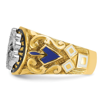 14k Two-tone Gold Men's Polished and Textured with Multi-color Enamel Blue Lodge Master Masonic Ring