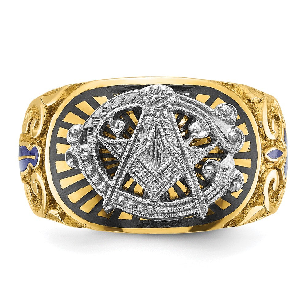 14k Two-tone Gold Men's Polished and Textured with Multi-color Enamel Blue Lodge Master Masonic Ring