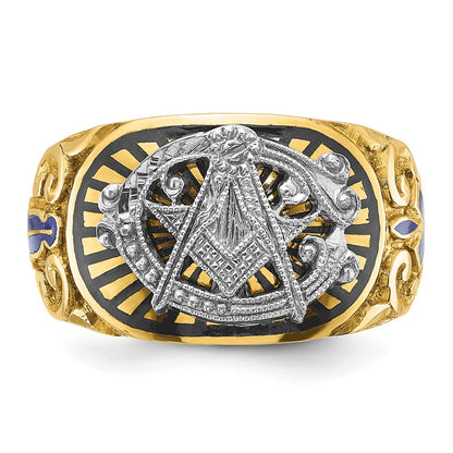 14k Two-tone Gold Men's Polished and Textured with Multi-color Enamel Blue Lodge Master Masonic Ring
