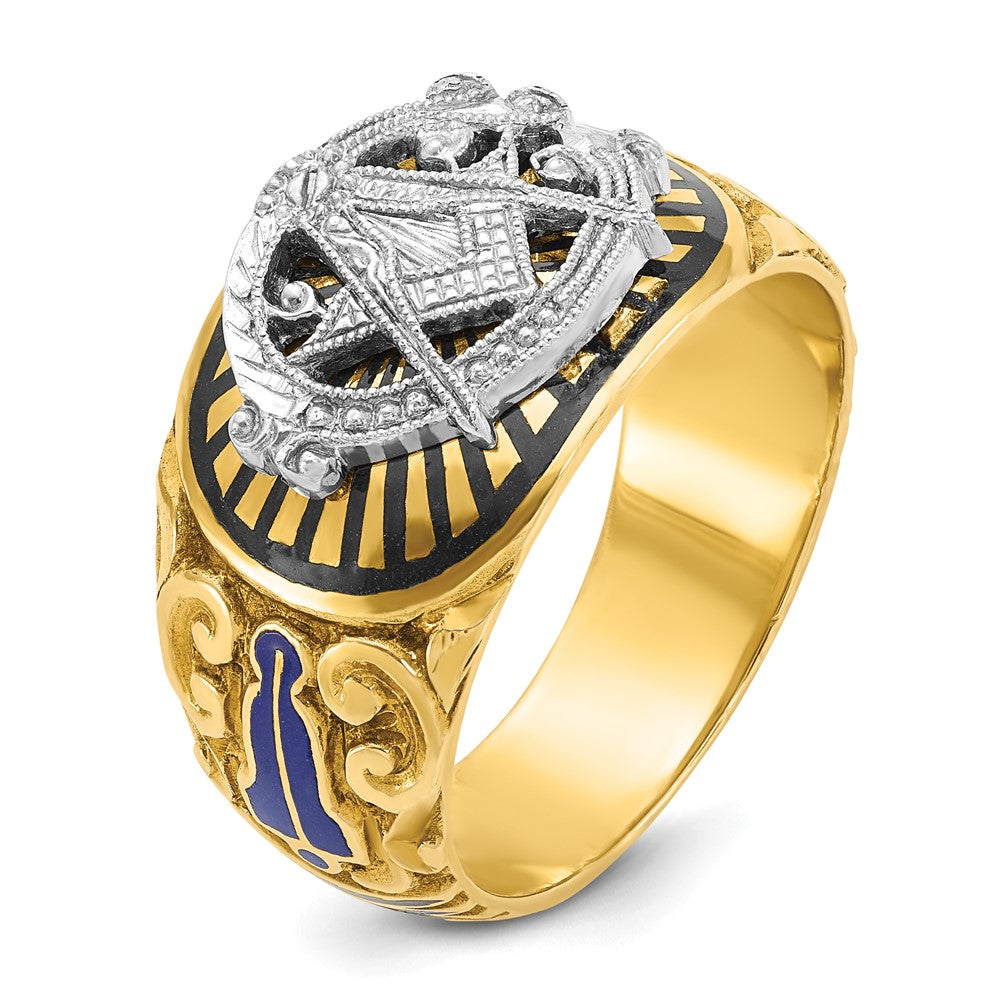 14k Two-tone Gold Men's Polished and Textured with Multi-color Enamel Blue Lodge Master Masonic Ring