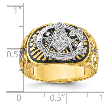 14k Two-tone Gold Men's Polished and Textured with Multi-color Enamel Blue Lodge Master Masonic Ring