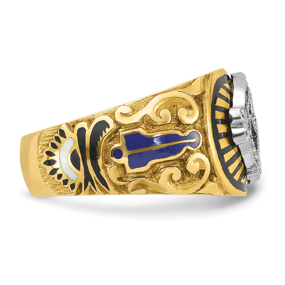 14k Two-tone Gold Men's Polished and Textured with Multi-color Enamel Blue Lodge Master Masonic Ring