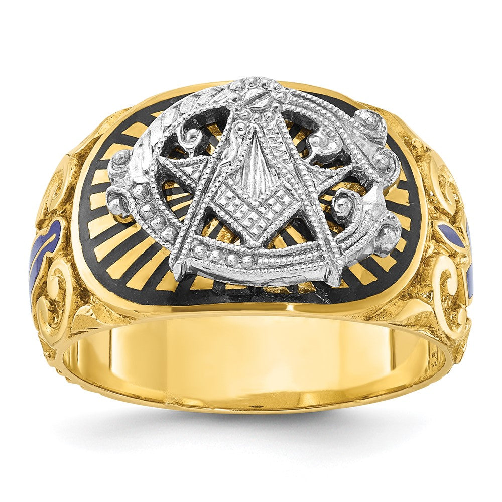 14k Two-tone Gold Men's Polished and Textured with Multi-color Enamel Blue Lodge Master Masonic Ring
