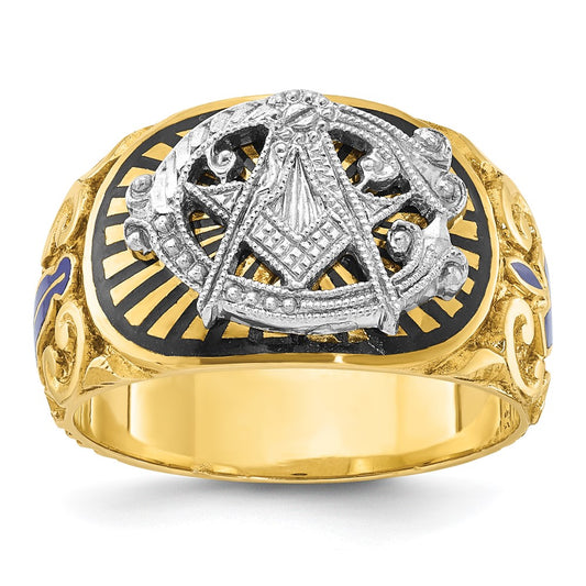 14k Two-tone Gold Men's Polished and Textured with Multi-color Enamel Blue Lodge Master Masonic Ring