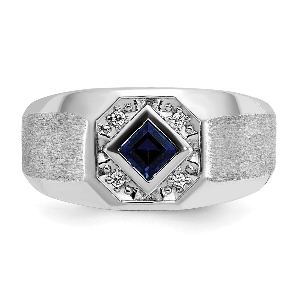 14k White Gold Men's Created Sapphire and 1/20 carat Diamond Satin Complete Ring