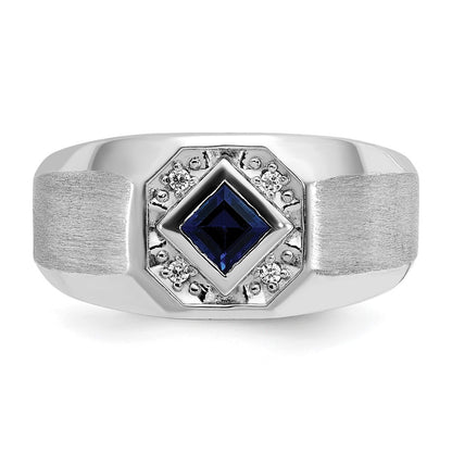 14k White Gold Men's Created Sapphire and 1/20 carat Diamond Satin Complete Ring