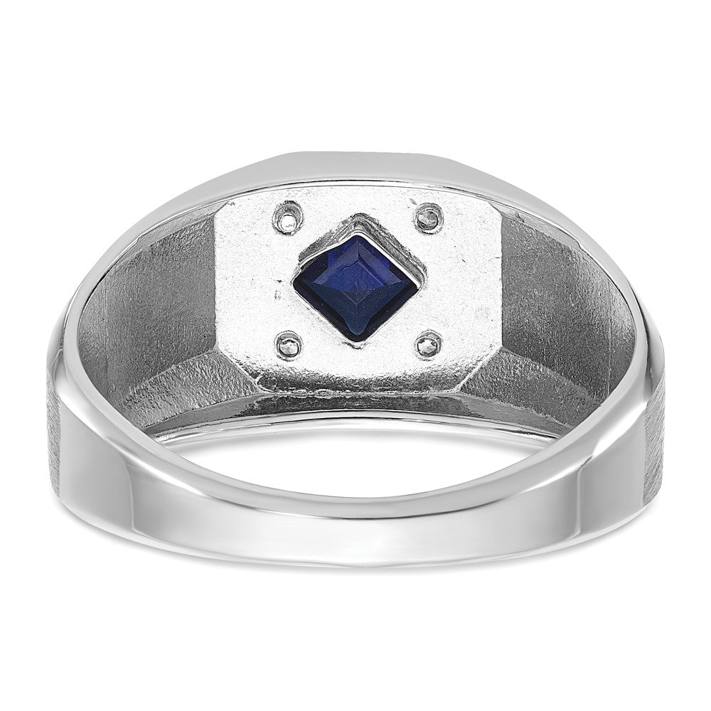 14k White Gold Men's Created Sapphire and 1/20 carat Diamond Satin Complete Ring