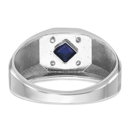 14k White Gold Men's Created Sapphire and 1/20 carat Diamond Satin Complete Ring