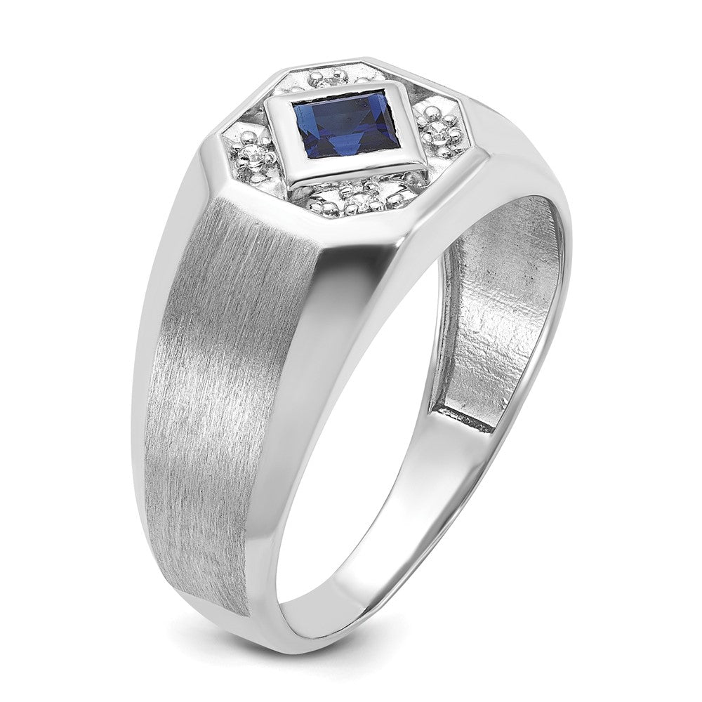 14k White Gold Men's Created Sapphire and 1/20 carat Diamond Satin Complete Ring