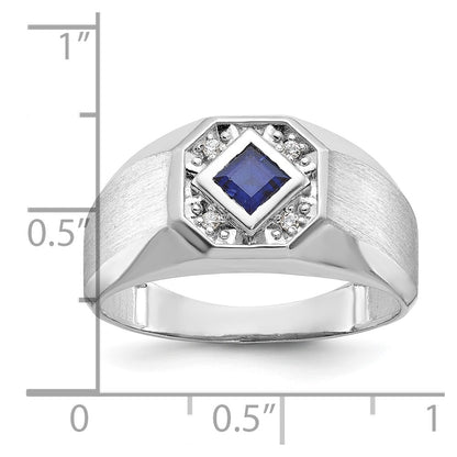 14k White Gold Men's Created Sapphire and 1/20 carat Diamond Satin Complete Ring