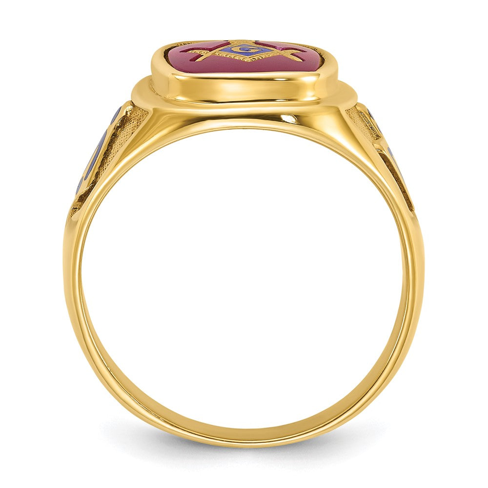 14k Yellow Gold Men's Polished and Textured with Blue Enamel and Lab Created Ruby Blue Lodge Master Masonic Ring
