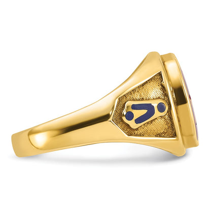 14k Yellow Gold Men's Polished and Textured with Blue Enamel and Lab Created Ruby Blue Lodge Master Masonic Ring