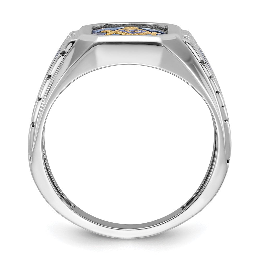 14k White Gold Men's Polished and Textured with Blue Enamel and Lab Created Sapphire Blue Lodge Master Masonic Ring