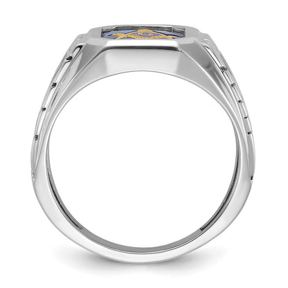 14k White Gold Men's Polished and Textured with Blue Enamel and Lab Created Sapphire Blue Lodge Master Masonic Ring