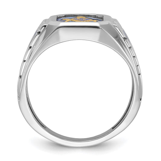 14k White Gold Men's Polished and Textured with Blue Enamel and Lab Created Sapphire Blue Lodge Master Masonic Ring