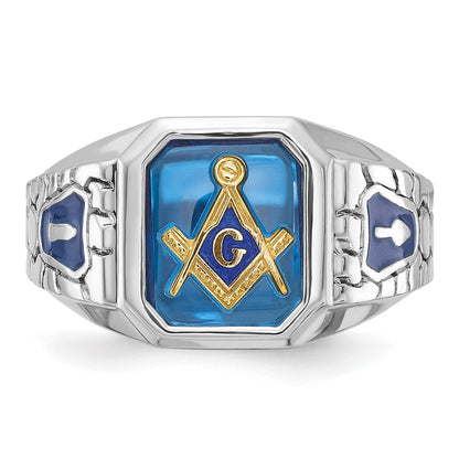 14k White Gold Men's Polished and Textured with Blue Enamel and Lab Created Sapphire Blue Lodge Master Masonic Ring