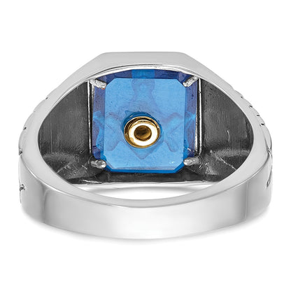 14k White Gold Men's Polished and Textured with Blue Enamel and Lab Created Sapphire Blue Lodge Master Masonic Ring