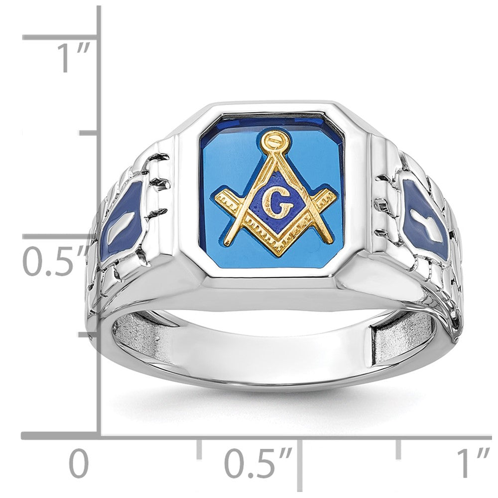 14k White Gold Men's Polished and Textured with Blue Enamel and Lab Created Sapphire Blue Lodge Master Masonic Ring