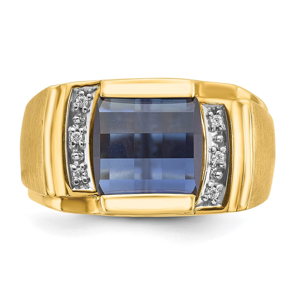 14k Yellow Gold Men's Created Sapphire and 1/20 carat Diamond Complete Ring