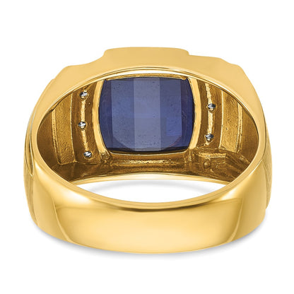 14k Yellow Gold Men's Created Sapphire and 1/20 carat Diamond Complete Ring