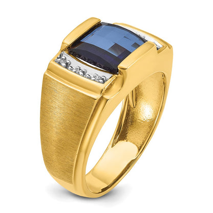14k Yellow Gold Men's Created Sapphire and 1/20 carat Diamond Complete Ring