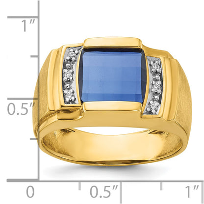 14k Yellow Gold Men's Created Sapphire and 1/20 carat Diamond Complete Ring
