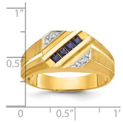 14k Yellow Gold Men's Created Sapphire and Diamond Satin Complete Ring