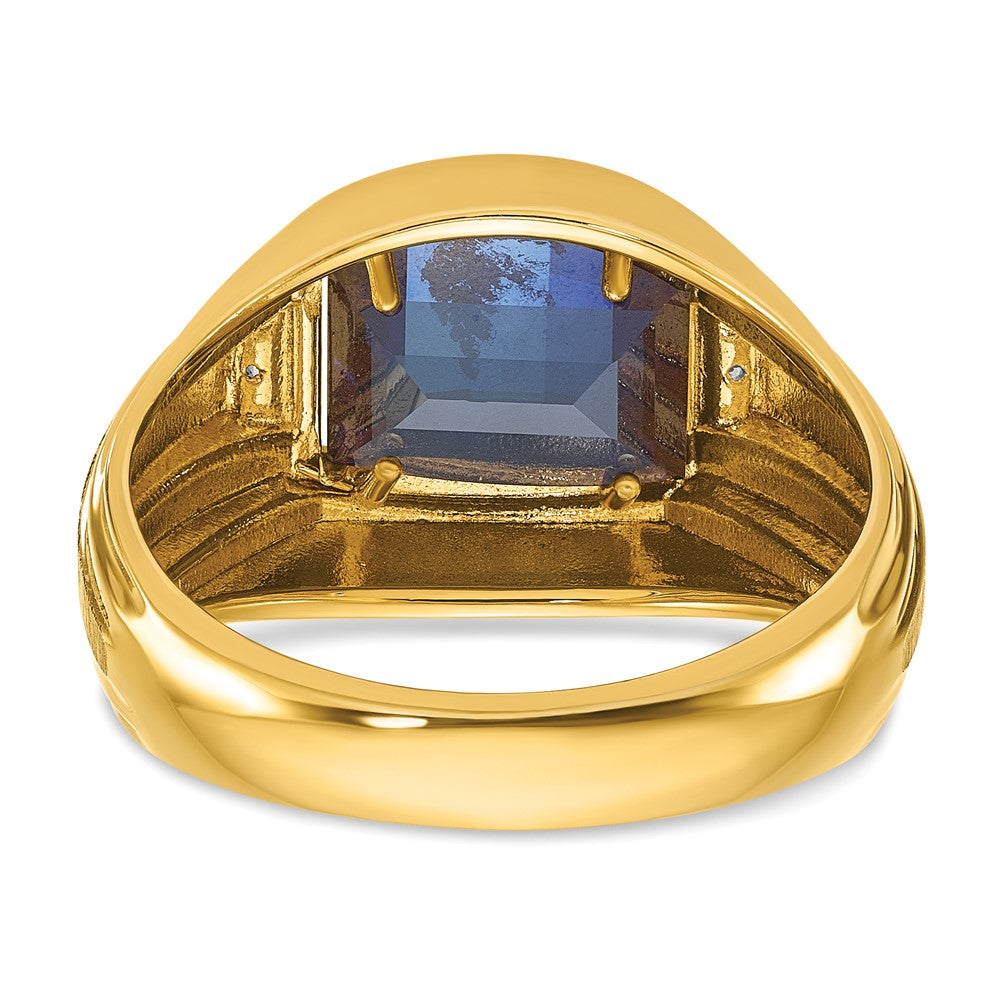 14k Yellow Gold Men's Polished and Satin Created Sapphire and Diamond Complete Ring