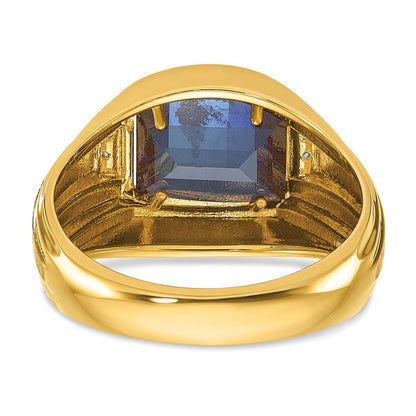 14k Yellow Gold Men's Polished and Satin Created Sapphire and Diamond Complete Ring