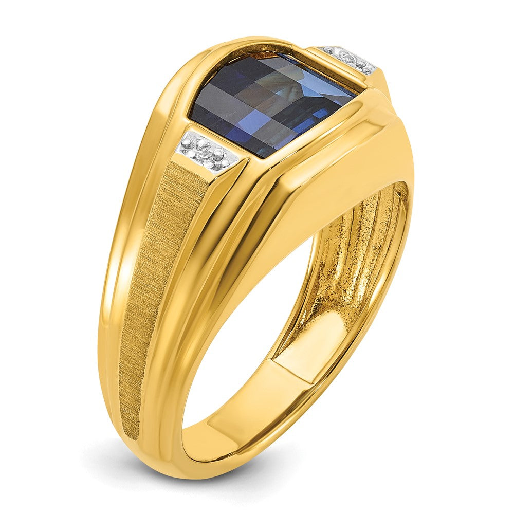 14k Yellow Gold Men's Polished and Satin Created Sapphire and Diamond Complete Ring