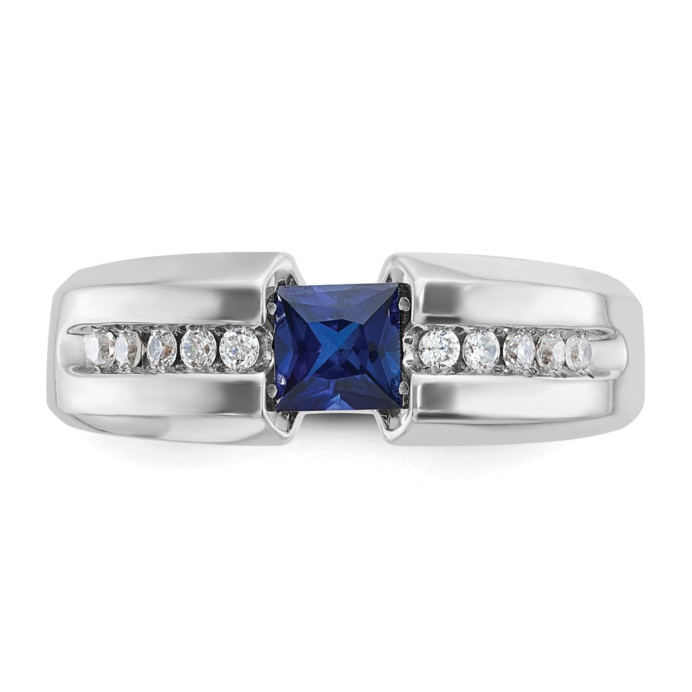 14k White Gold Men's Polished and Satin Created Sapphire and 1/5 carat Diamond Complete Ring