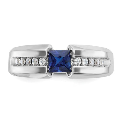 14k White Gold Men's Polished and Satin Created Sapphire and 1/5 carat Diamond Complete Ring
