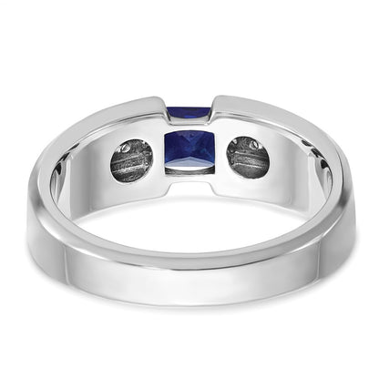 14k White Gold Men's Polished and Satin Created Sapphire and 1/5 carat Diamond Complete Ring