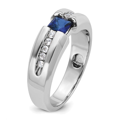 14k White Gold Men's Polished and Satin Created Sapphire and 1/5 carat Diamond Complete Ring