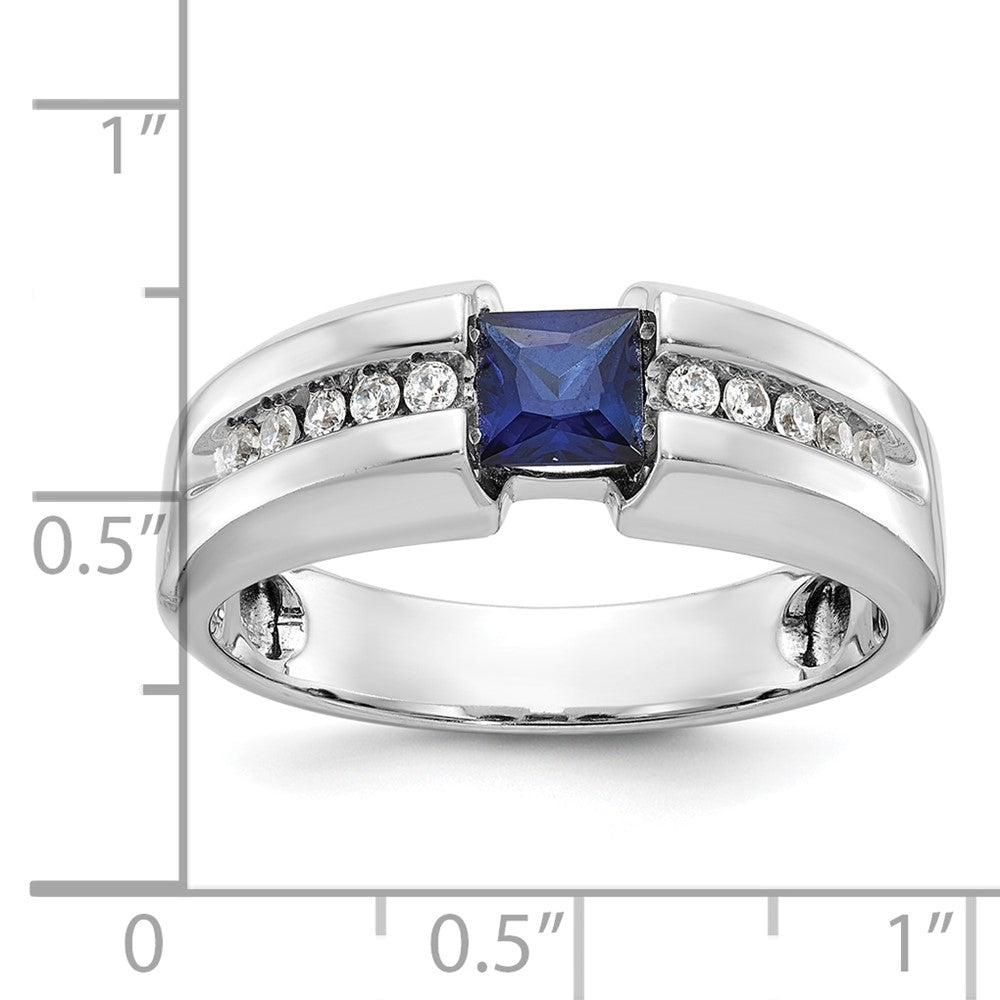 14k White Gold Men's Polished and Satin Created Sapphire and 1/5 carat Diamond Complete Ring