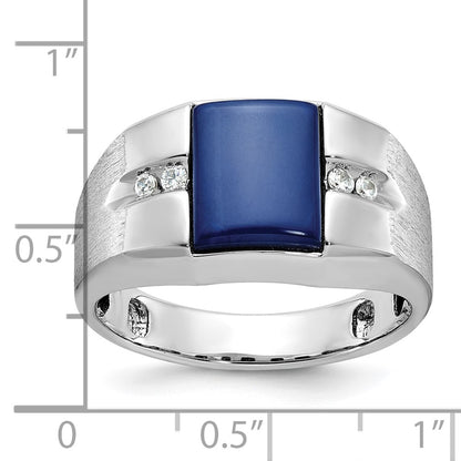 14k White Gold Men's Created Blue Star Sapphire and 1/15 carat Diamond Satin Complete Ring