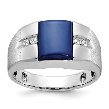 14k White Gold Men's Created Blue Star Sapphire and 1/15 carat Diamond Satin Complete Ring