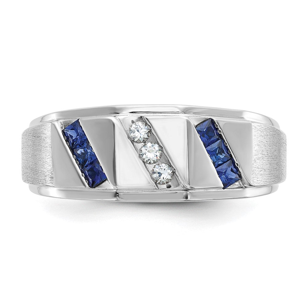 14k White Gold Men's Satin Lab Created Sapphire and 1/10 carat Diamond Complete Ring