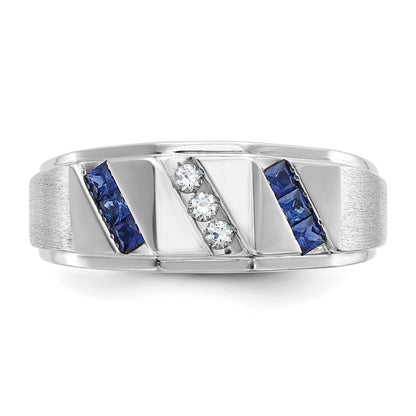 14k White Gold Men's Satin Lab Created Sapphire and 1/10 carat Diamond Complete Ring