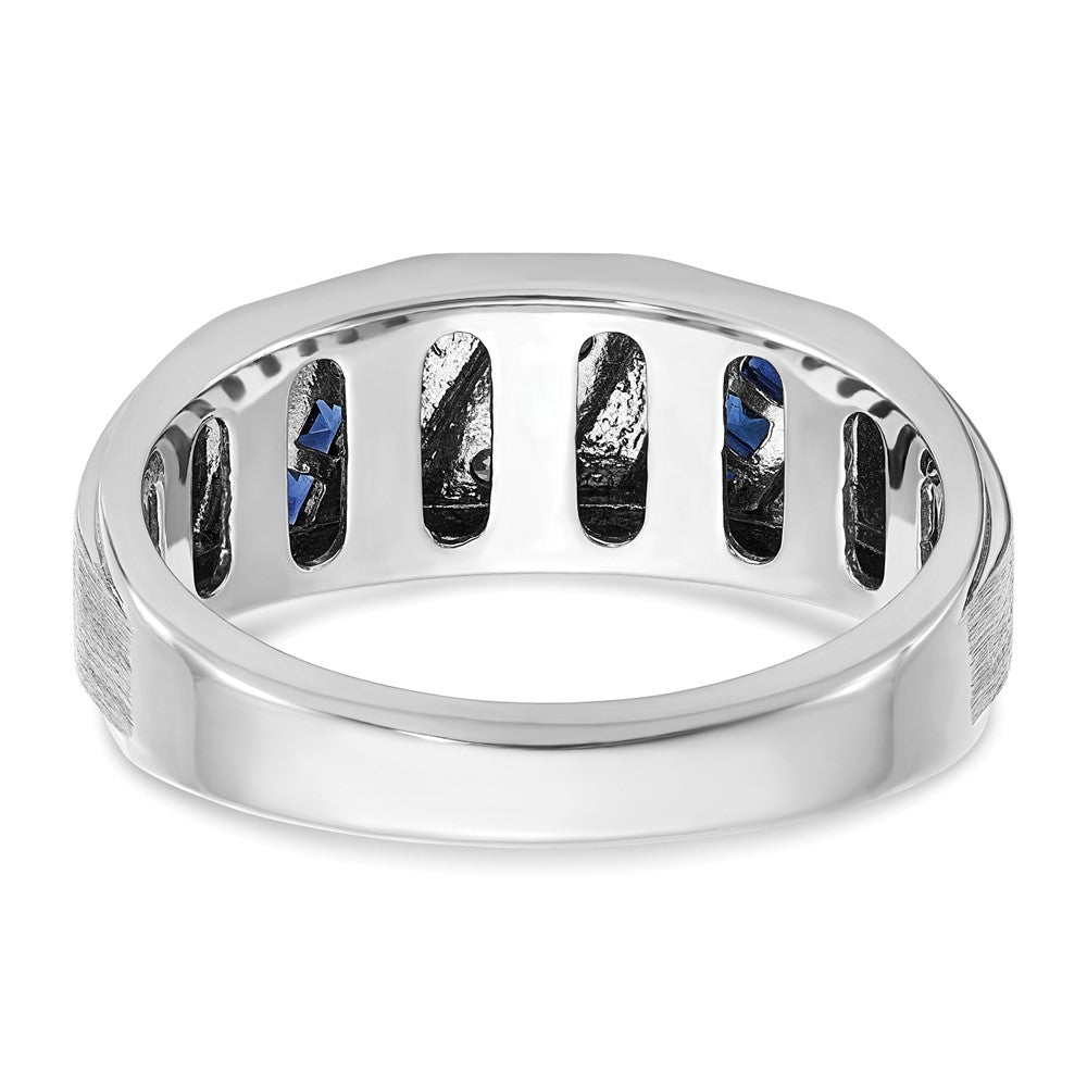 14k White Gold Men's Satin Lab Created Sapphire and 1/10 carat Diamond Complete Ring