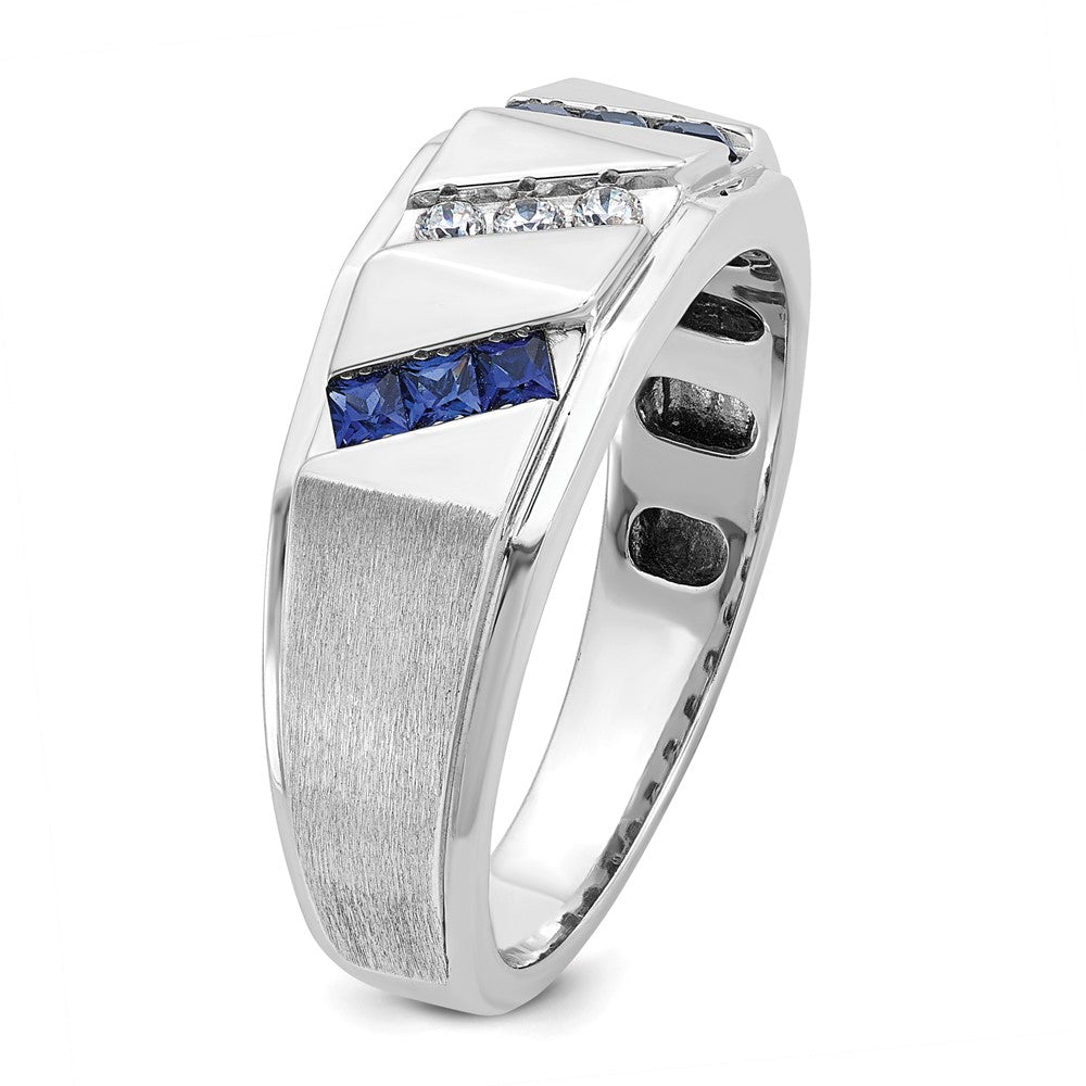 14k White Gold Men's Satin Lab Created Sapphire and 1/10 carat Diamond Complete Ring