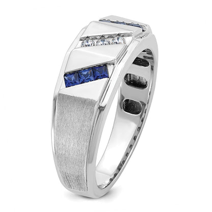 14k White Gold Men's Satin Lab Created Sapphire and 1/10 carat Diamond Complete Ring